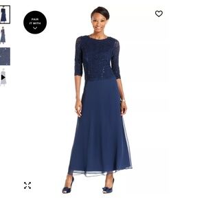 Alex Evenings Sequin Embellished Lace Top Gown Navy Size 12